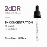Vial with dropper labeled '2dDR' and product details on a white background