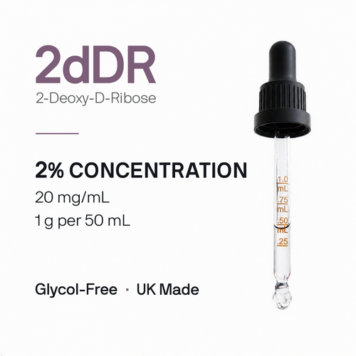 Vial with dropper labeled '2dDR' and product details on a white background