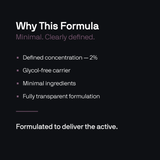 Text on a black background explaining a formula with minimal ingredients and clear definition.