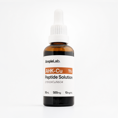 AmpleLab AHK-Cu 1% Peptide Solution bottle on a white background