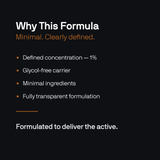 Text on a black background explaining a formula with minimal ingredients and clear definition.