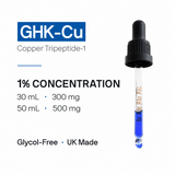 GHK-Cu dropper bottle with concentration details on a white background