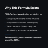 Text explaining the study of GHK-Cu in relation to skin health and hair appearance on a black background.