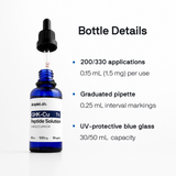 Blue bottle with dropper labeled 'AmpleLab GHK-Cu 1% Peptide Solution' on a white background with text detailing bottle features.