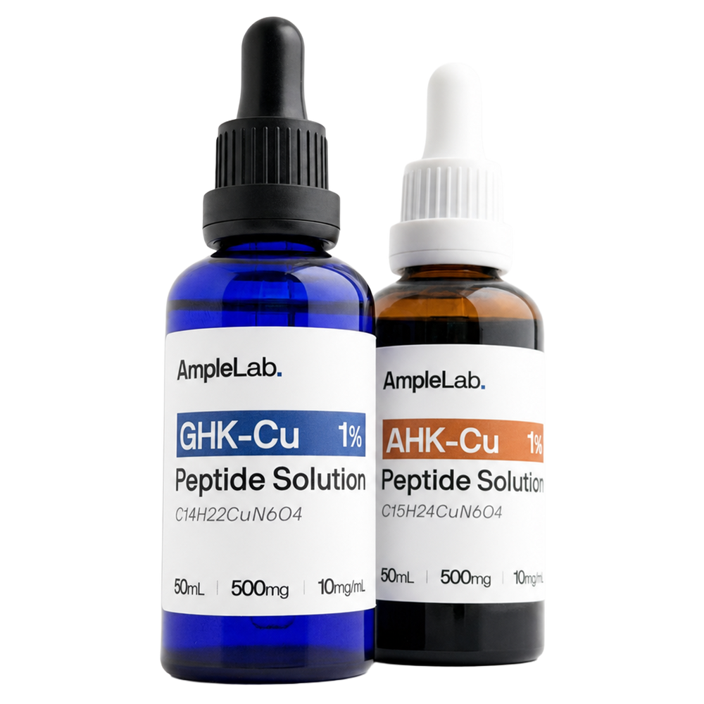 Two bottles of AmpleLab peptide solution on a white background